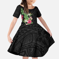 Hawaii Tropical Flowers Family Matching Tank Maxi Dress and Hawaiian Shirt - Polynesian Tattoo Black LT05 Daughter's Dress Black - Polynesian Pride