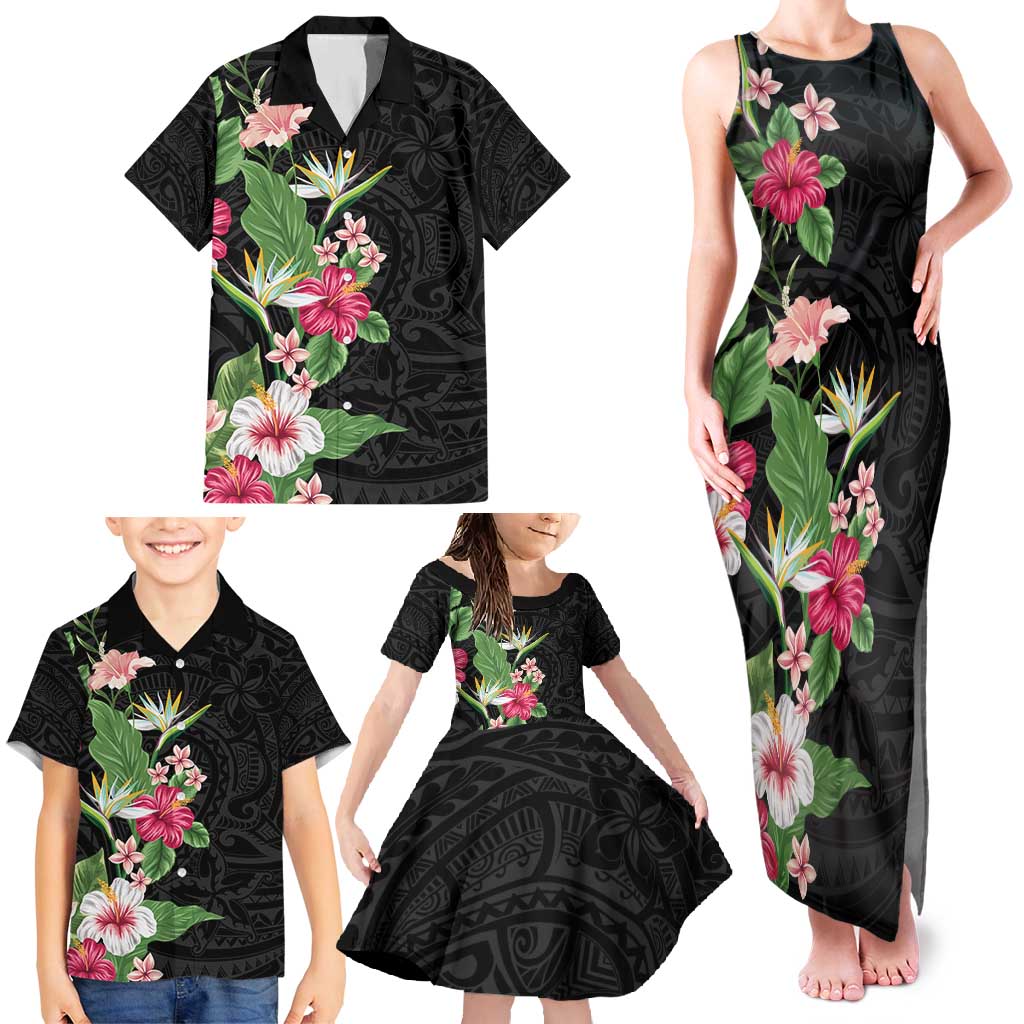 Hawaii Tropical Flowers Family Matching Tank Maxi Dress and Hawaiian Shirt - Polynesian Tattoo Black LT05 - Polynesian Pride