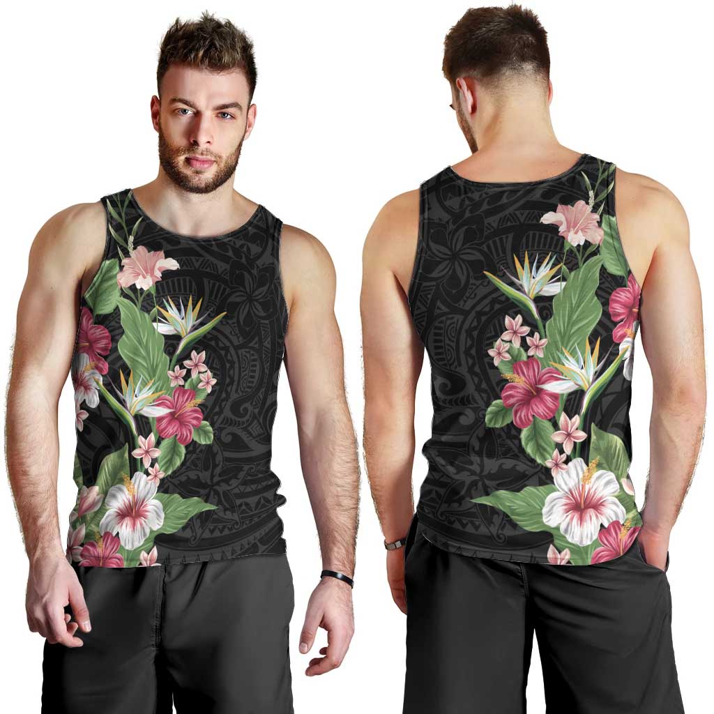 Hawaii Tropical Flowers Men Tank Top Polynesian Tattoo Black