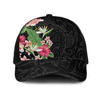 Hawaii Tropical Flowers Mesh Trucker Cap Polynesian Tattoo Black