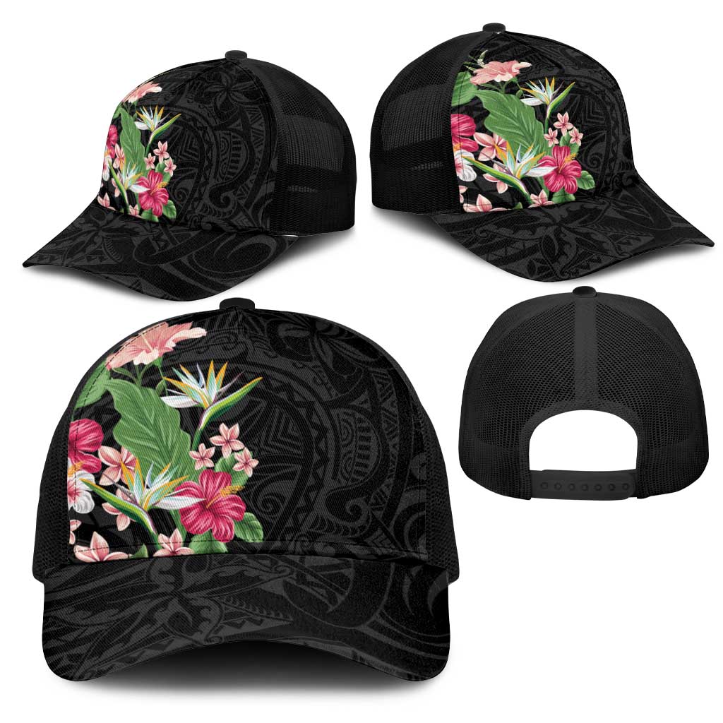 Hawaii Tropical Flowers Mesh Trucker Cap Polynesian Tattoo Black