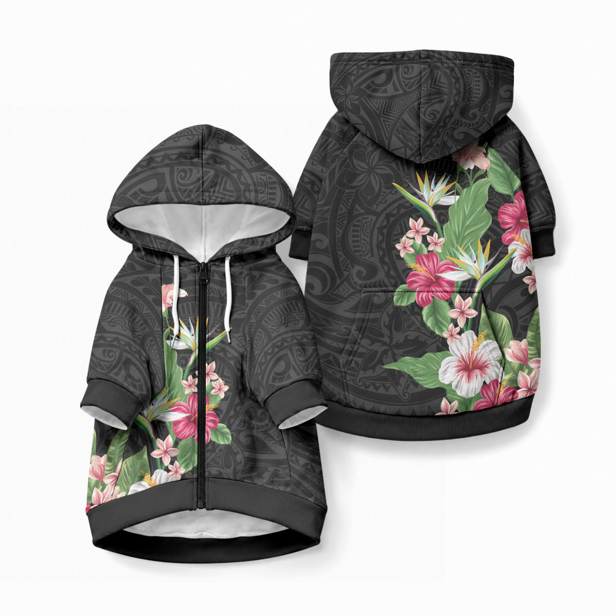 Hawaii Tropical Flowers Pet Hoodie Polynesian Tattoo Black LT05 Zip-up Black - Polynesian Pride