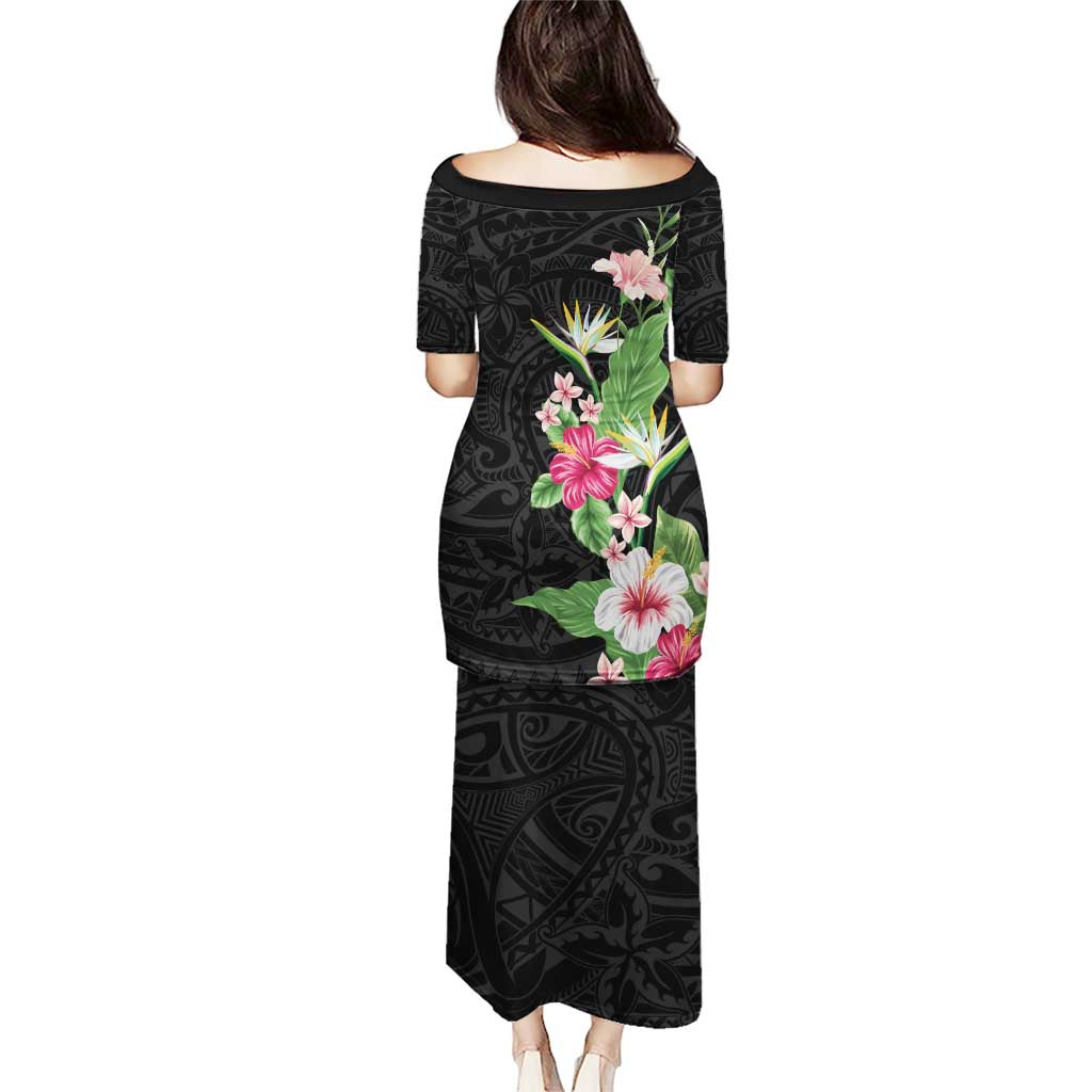 Hawaii Tropical Flowers Puletasi Polynesian Tattoo Black