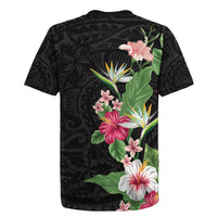 Hawaii Tropical Flowers Rugby Jersey Polynesian Tattoo Black