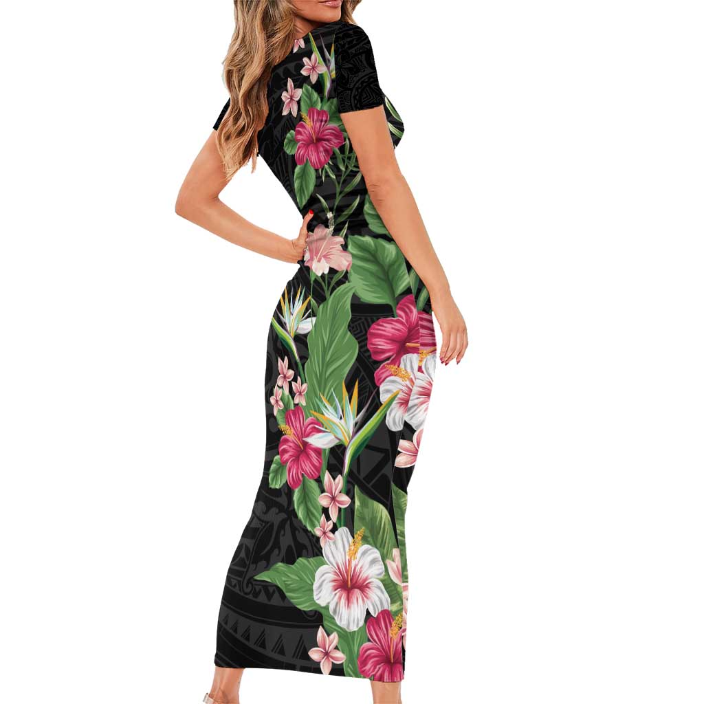 Hawaii Tropical Flowers Short Sleeve Bodycon Dress Polynesian Tattoo Black LT05 - Polynesian Pride