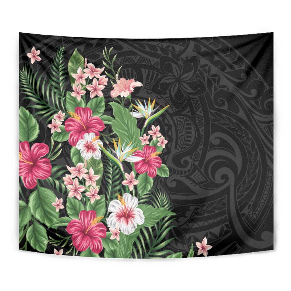 Hawaii Tropical Flowers Tapestry Polynesian Tattoo Black