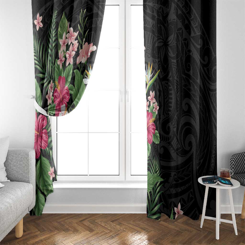 Hawaii Tropical Flowers Window Curtain Polynesian Tattoo Black