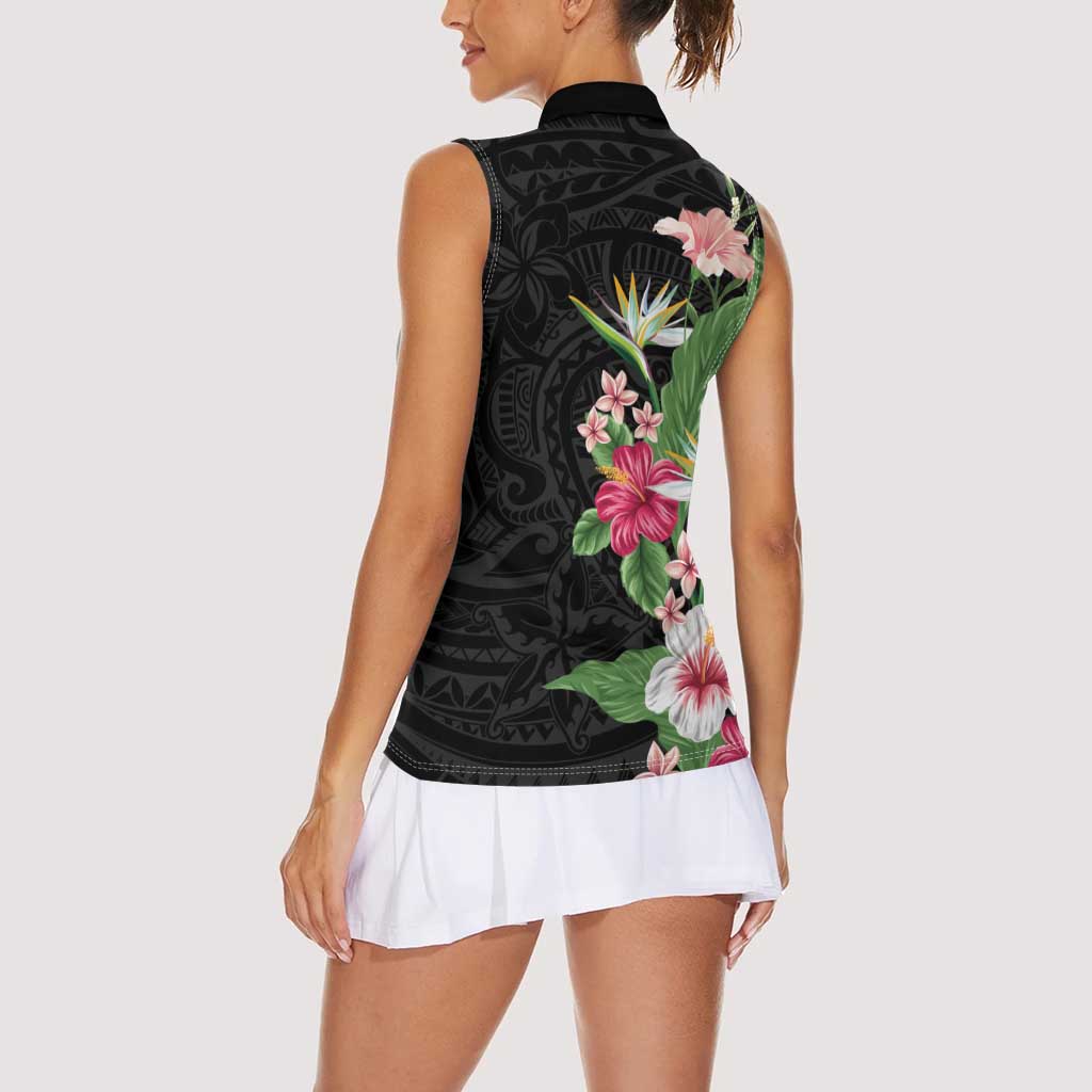 Hawaii Tropical Flowers Women Sleeveless Polo Shirt Polynesian Tattoo Black