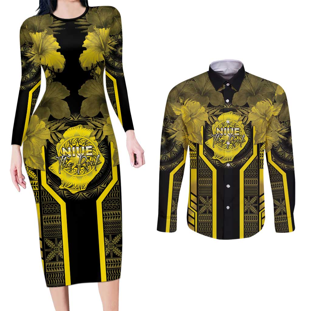 Niue The Rock Couples Matching Long Sleeve Bodycon Dress and Long Sleeve Button Shirt The Island Of The Uga LT05 Black - Polynesian Pride