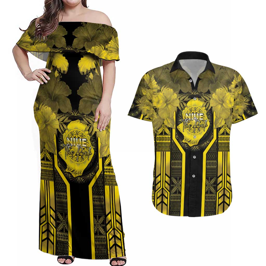 Niue The Rock Couples Matching Off Shoulder Maxi Dress and Hawaiian Shirt The Island Of The Uga LT05 Black - Polynesian Pride