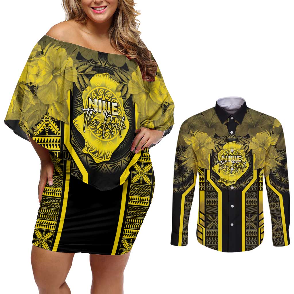 Niue The Rock Couples Matching Off Shoulder Short Dress and Long Sleeve Button Shirt The Island Of The Uga LT05 Black - Polynesian Pride