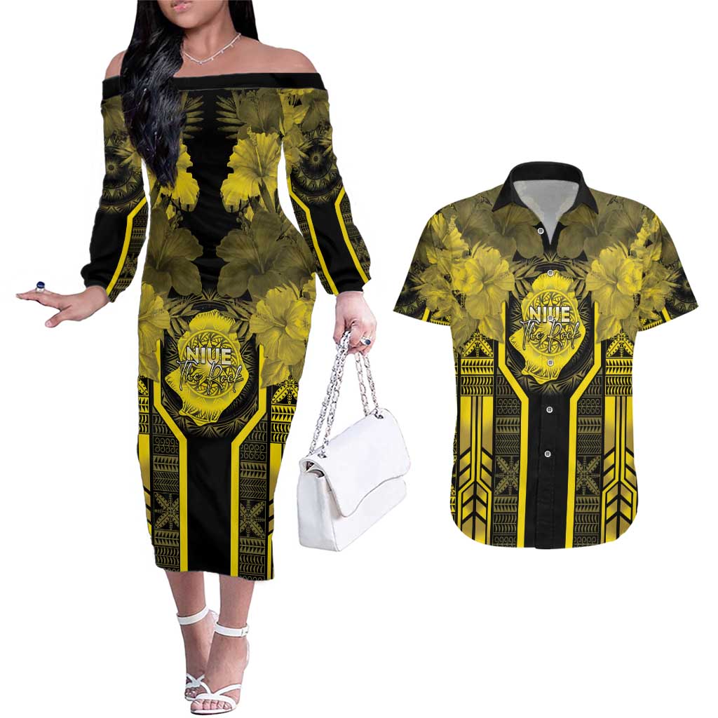 Niue The Rock Couples Matching Off The Shoulder Long Sleeve Dress and Hawaiian Shirt The Island Of The Uga LT05 Black - Polynesian Pride