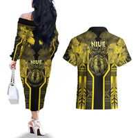 Niue The Rock Couples Matching Off The Shoulder Long Sleeve Dress and Hawaiian Shirt The Island Of The Uga LT05 - Polynesian Pride