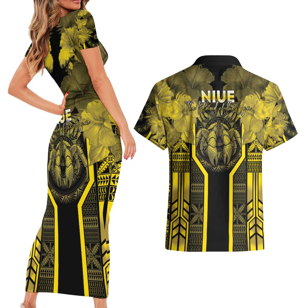 Niue The Rock Couples Matching Short Sleeve Bodycon Dress and Hawaiian Shirt The Island Of The Uga LT05 - Polynesian Pride