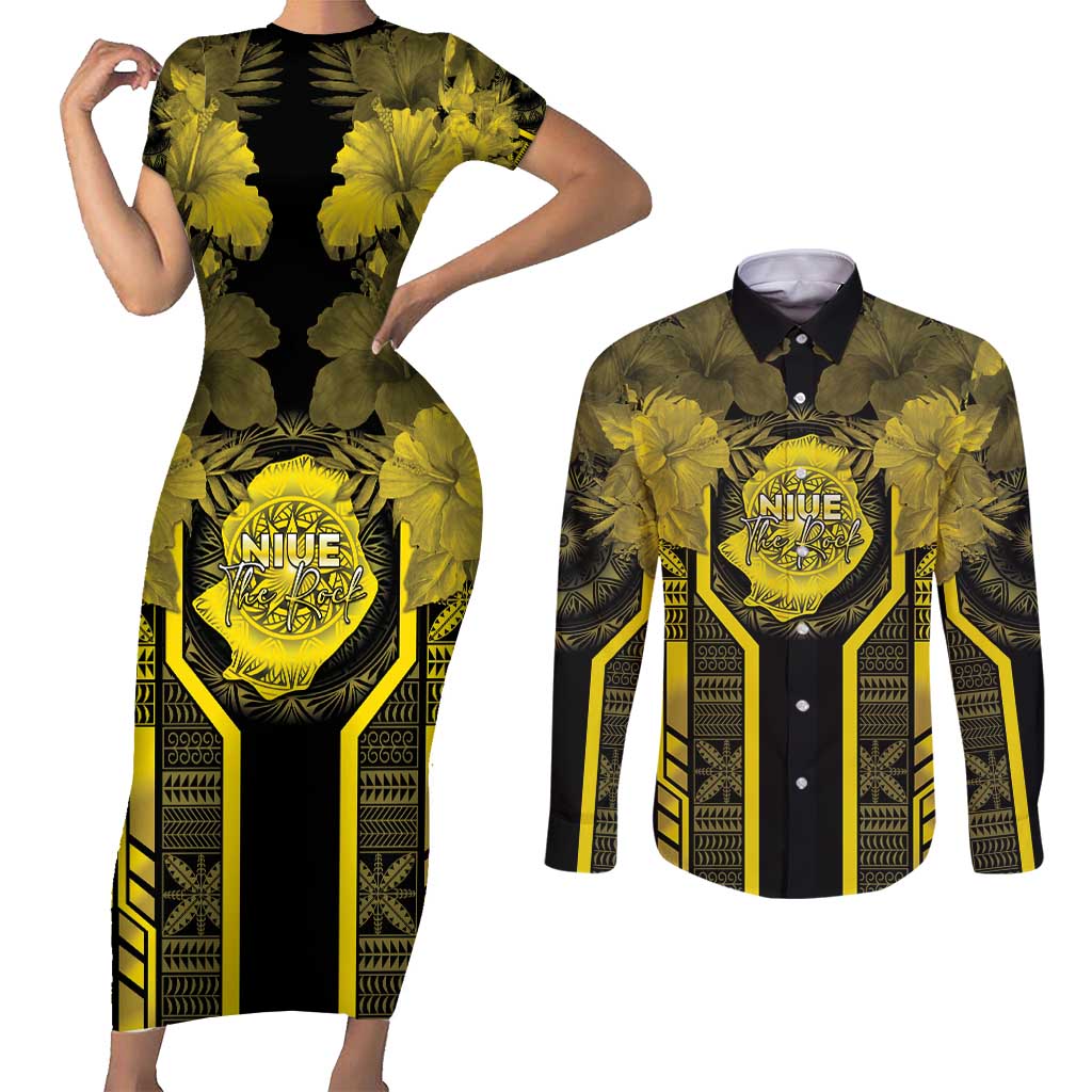 Niue The Rock Couples Matching Short Sleeve Bodycon Dress and Long Sleeve Button Shirt The Island Of The Uga LT05 Black - Polynesian Pride