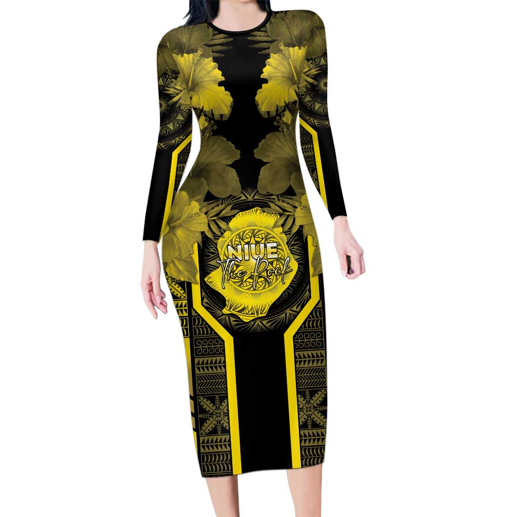 Niue The Rock Family Matching Long Sleeve Bodycon Dress and Hawaiian Shirt The Island Of The Uga LT05 Mom's Dress Black - Polynesian Pride