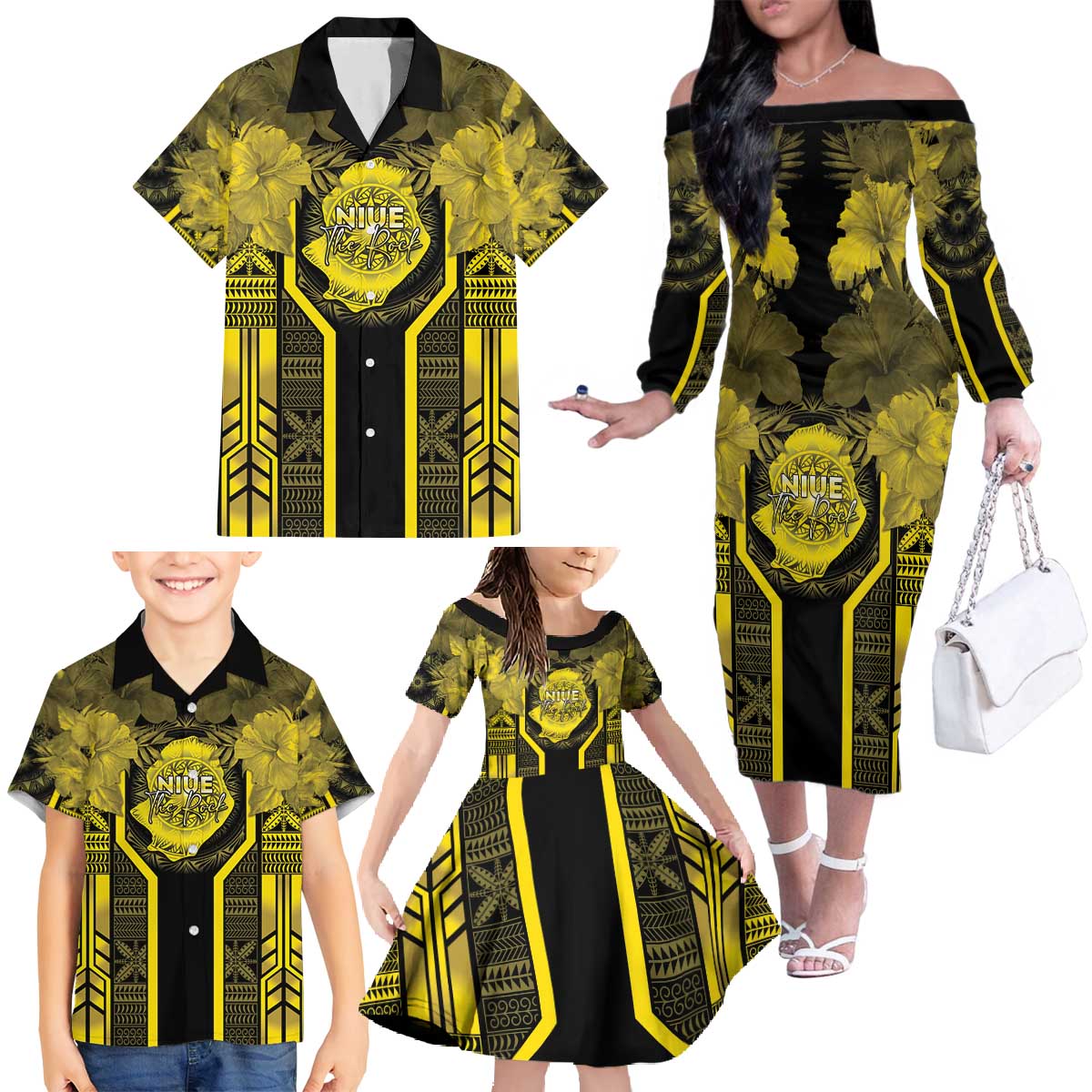 Niue The Rock Family Matching Off The Shoulder Long Sleeve Dress and Hawaiian Shirt The Island Of The Uga LT05 - Polynesian Pride
