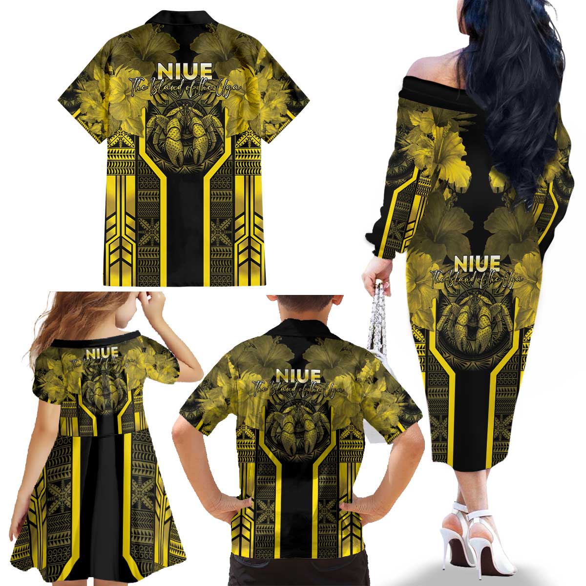 Niue The Rock Family Matching Off The Shoulder Long Sleeve Dress and Hawaiian Shirt The Island Of The Uga LT05 - Polynesian Pride