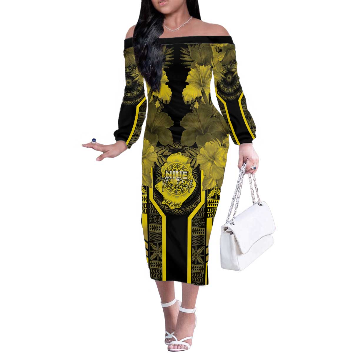 Niue The Rock Family Matching Off The Shoulder Long Sleeve Dress and Hawaiian Shirt The Island Of The Uga LT05 Mom's Dress Black - Polynesian Pride