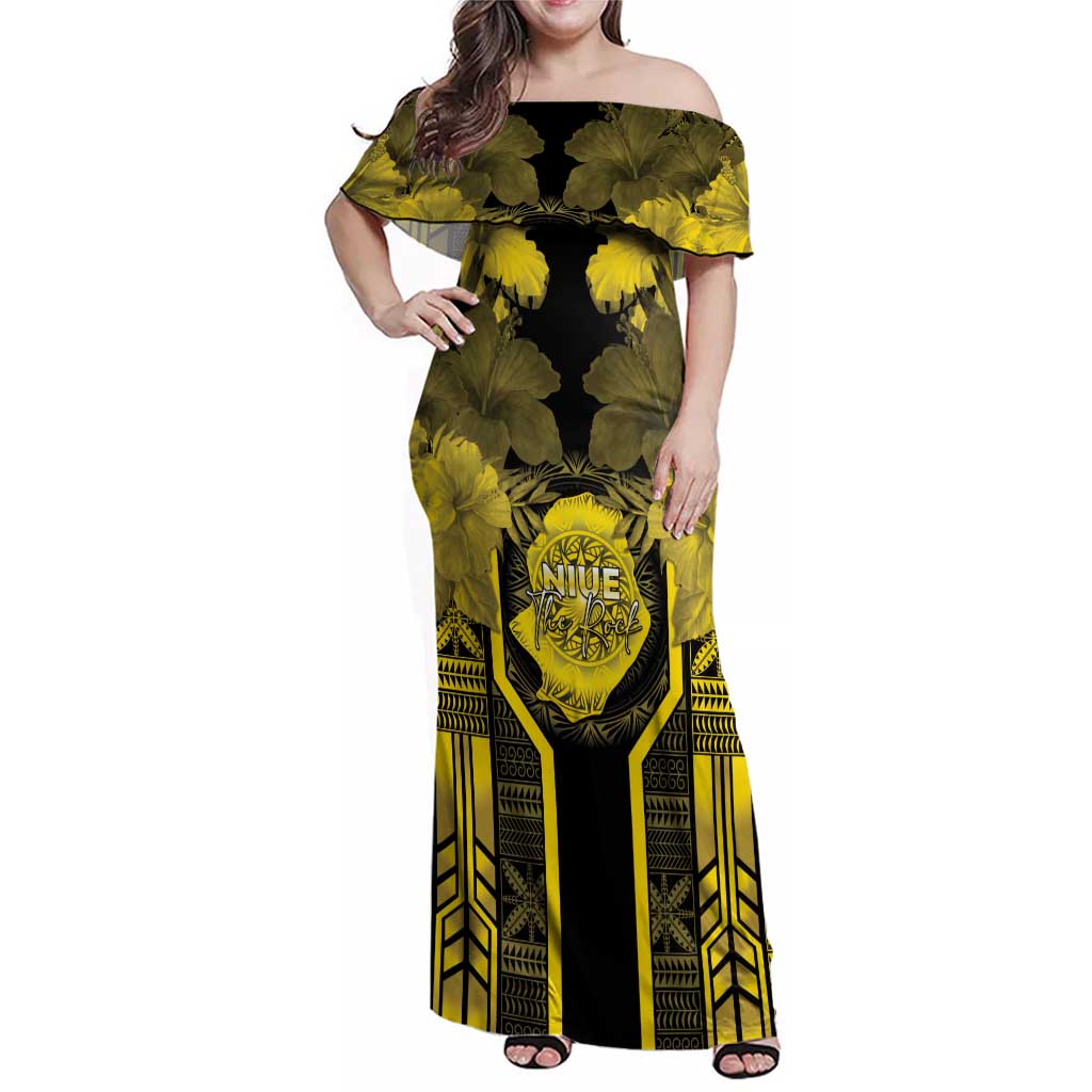 Niue The Rock Family Matching Off Shoulder Maxi Dress and Hawaiian Shirt The Island Of The Uga LT05 Mom's Dress Black - Polynesian Pride