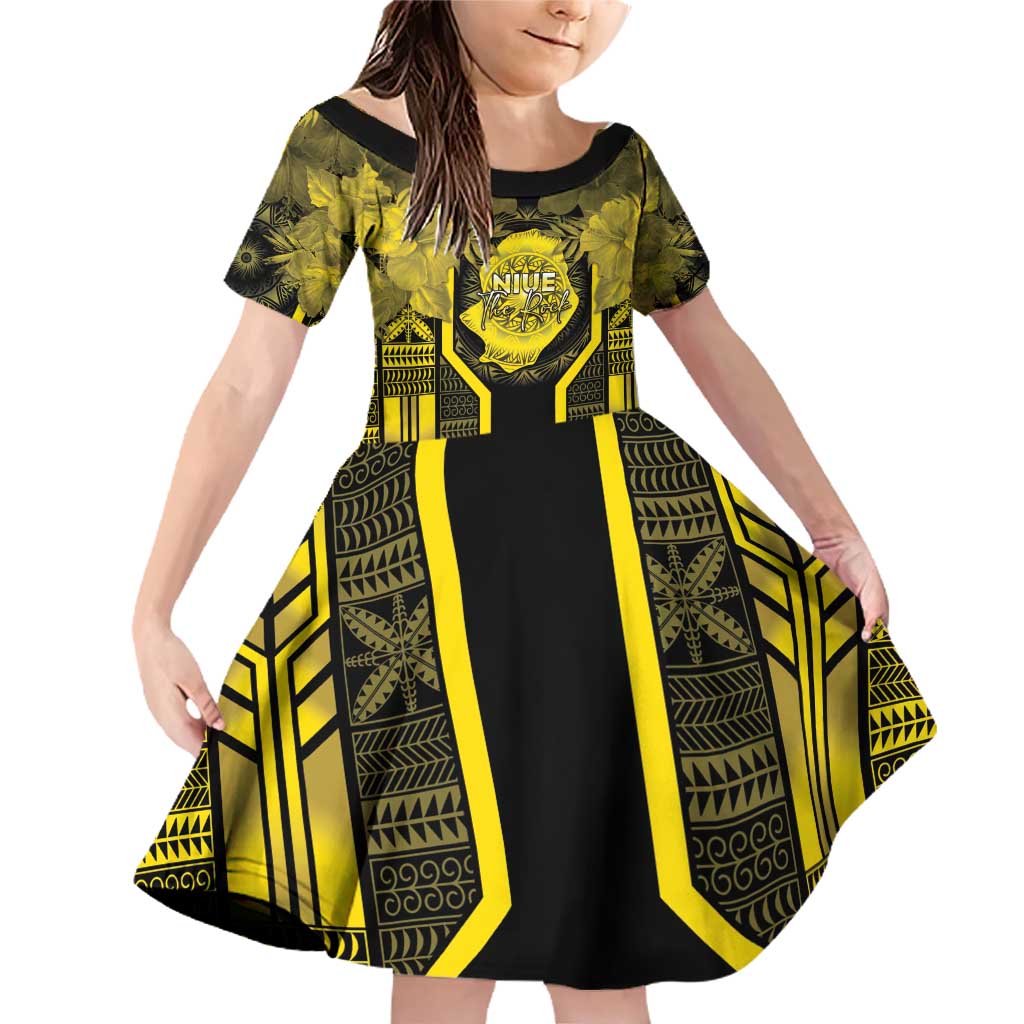 Niue The Rock Family Matching Off Shoulder Short Dress and Hawaiian Shirt The Island Of The Uga LT05 Daughter's Dress Black - Polynesian Pride