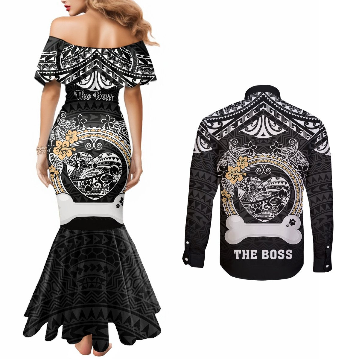 personalized-shiba-inu-dog-couples-matching-mermaid-dress-and-long-sleeve-button-shirts-with-polynesian-heart-name-tags