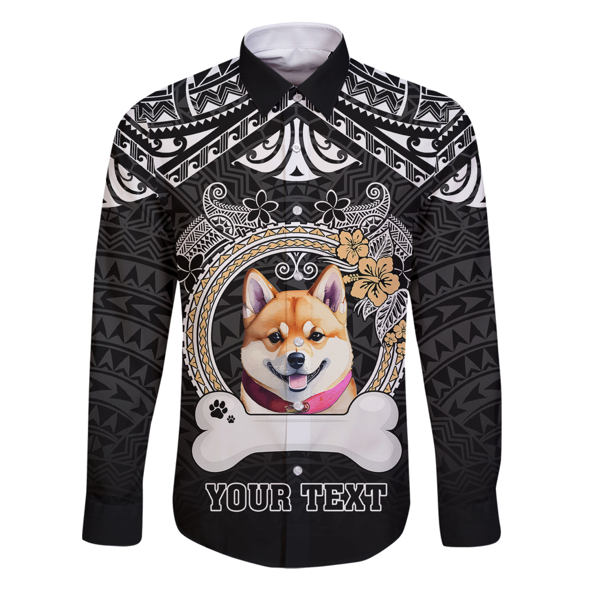 Personalized Shiba Inu Dog Family Matching Mermaid Dress and Hawaiian Shirt With Polynesian Heart Name Tags LT05 Dad's Shirt - Long Sleeve Black - Polynesian Pride
