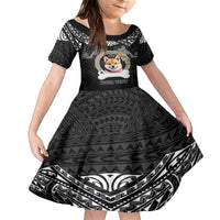 Personalized Shiba Inu Dog Family Matching Puletasi Dress and Hawaiian Shirt With Polynesian Heart Name Tags LT05 Daughter's Dress Black - Polynesian Pride