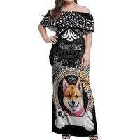 Personalized Shiba Inu Dog Off Shoulder Maxi Dress With Polynesian Heart Name Tags LT05 Women Black - Polynesian Pride