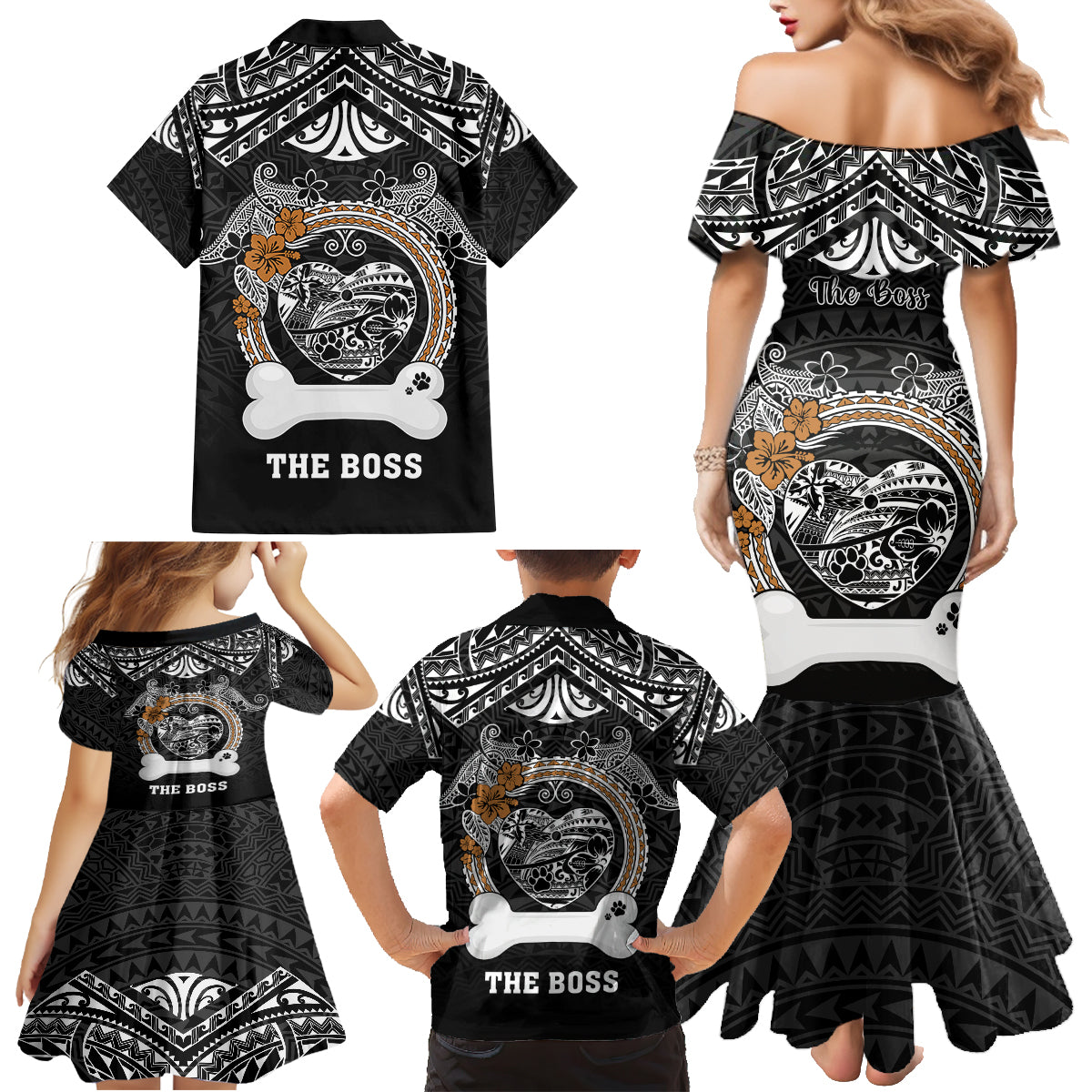 Personalized Pitbull Dog Family Matching Mermaid Dress and Hawaiian Shirt With Polynesian Heart Name Tags LT05 - Polynesian Pride