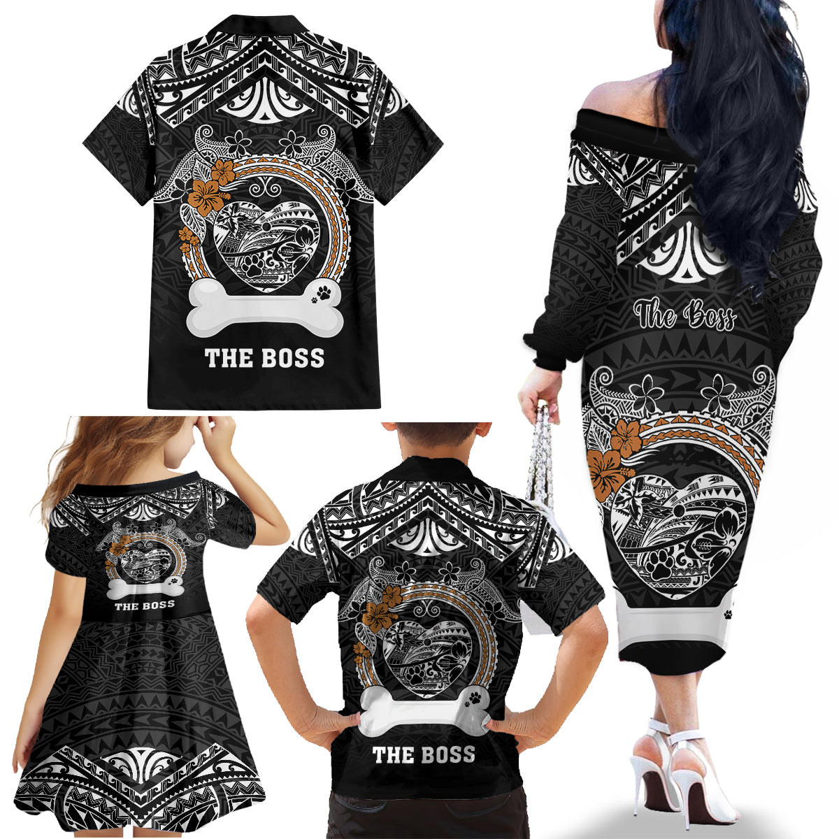 Personalized Pitbull Dog Family Matching Off Shoulder Long Sleeve Dress and Hawaiian Shirt With Polynesian Heart Name Tags LT05 - Polynesian Pride