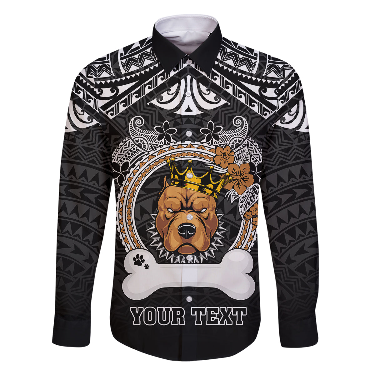 Personalized Pitbull Dog Family Matching Off Shoulder Long Sleeve Dress and Hawaiian Shirt With Polynesian Heart Name Tags LT05 Dad's Shirt - Long Sleeve Black - Polynesian Pride