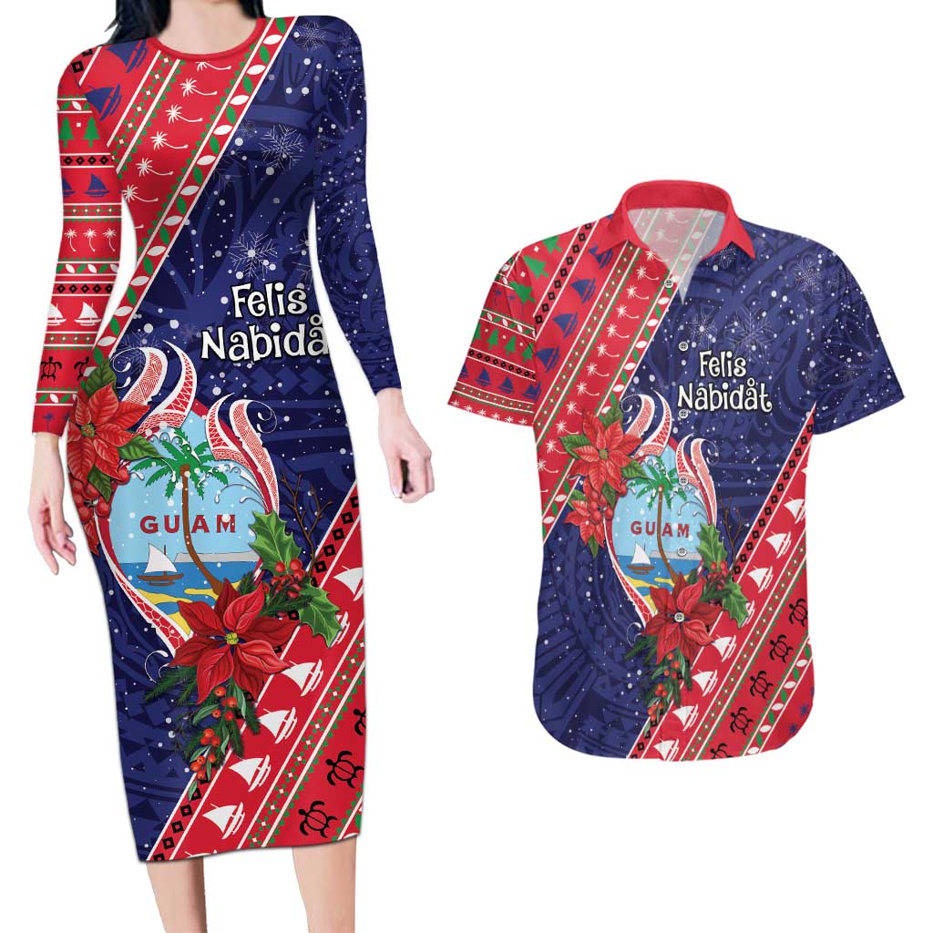 Guam Christmas Couples Matching Long Sleeve Bodycon Dress and Hawaiian Shirt Felis Nabidat Guaman Seal With Poinsettia LT05 Blue - Polynesian Pride