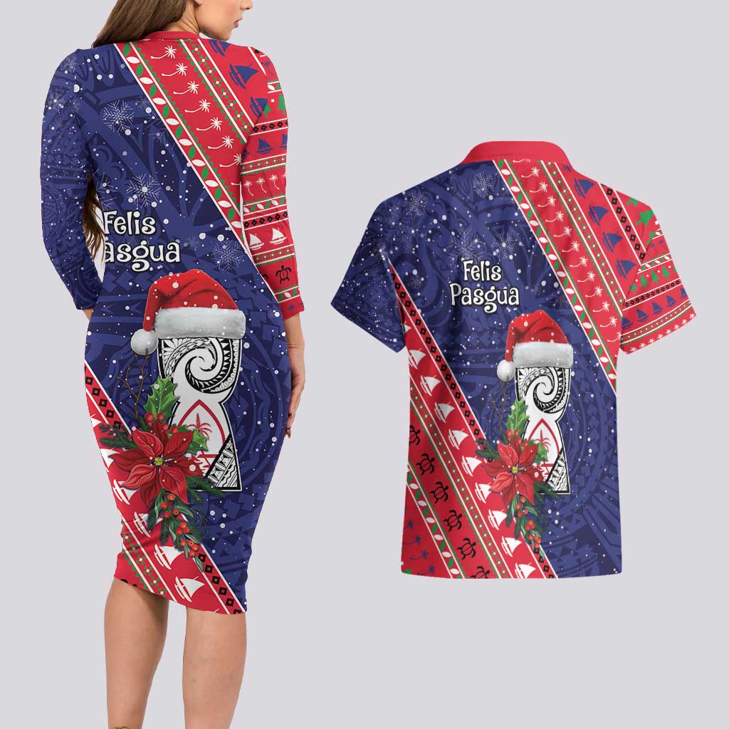 Guam Christmas Couples Matching Long Sleeve Bodycon Dress and Hawaiian Shirt Felis Nabidat Guaman Seal With Poinsettia LT05 - Polynesian Pride