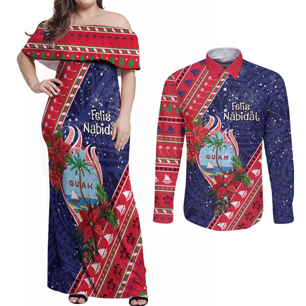 Guam Christmas Couples Matching Off Shoulder Maxi Dress and Long Sleeve Button Shirt Felis Nabidat Guaman Seal With Poinsettia LT05 Blue - Polynesian Pride