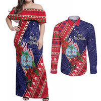 Guam Christmas Couples Matching Off Shoulder Maxi Dress and Long Sleeve Button Shirt Felis Nabidat Guaman Seal With Poinsettia LT05 Blue - Polynesian Pride