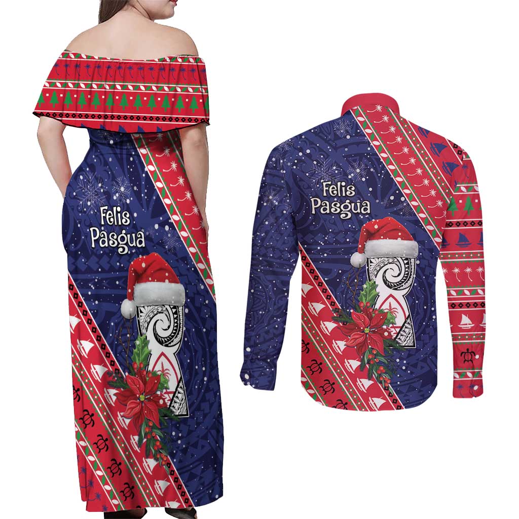 Guam Christmas Couples Matching Off Shoulder Maxi Dress and Long Sleeve Button Shirt Felis Nabidat Guaman Seal With Poinsettia LT05 - Polynesian Pride