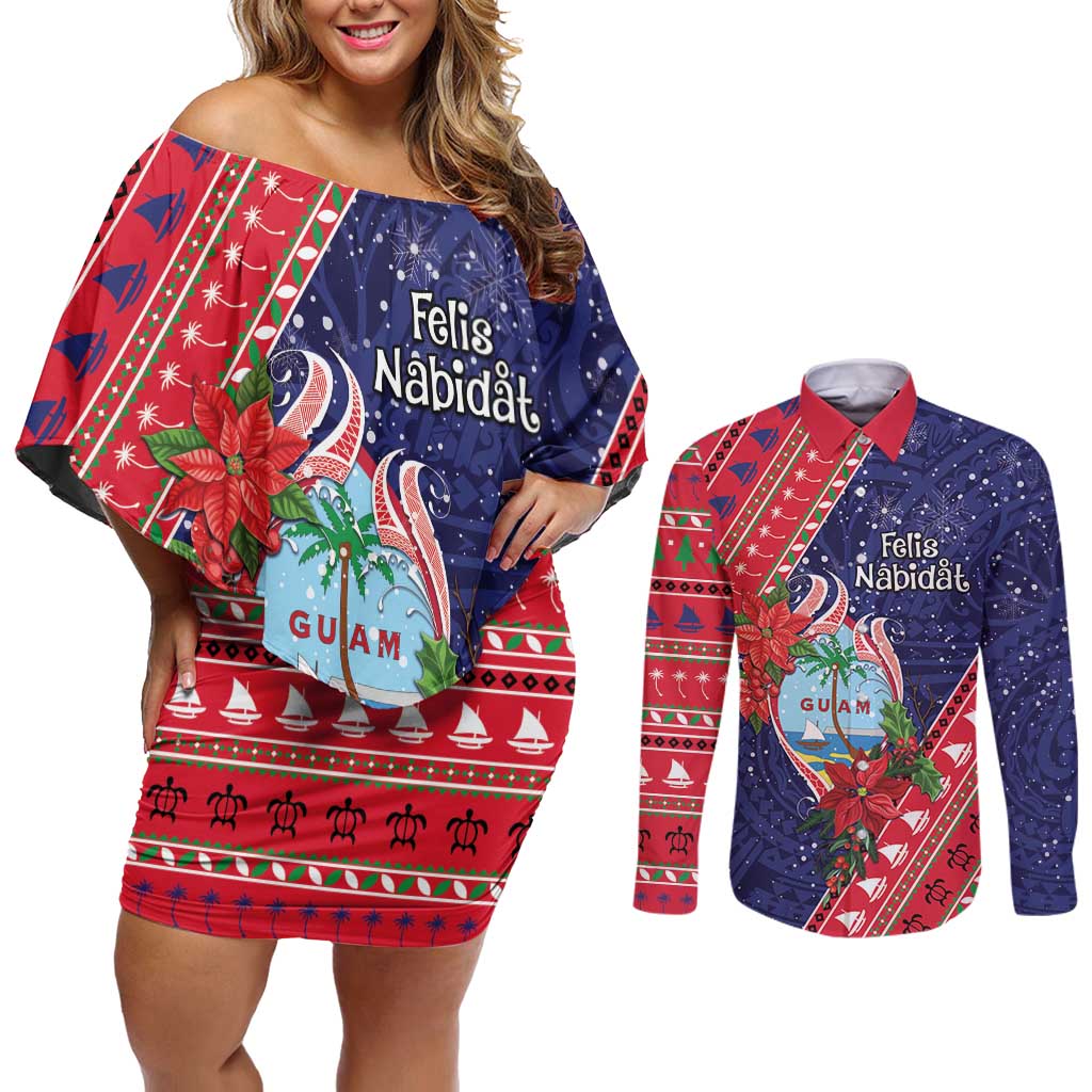 Guam Christmas Couples Matching Off Shoulder Short Dress and Long Sleeve Button Shirt Felis Nabidat Guaman Seal With Poinsettia LT05 Blue - Polynesian Pride