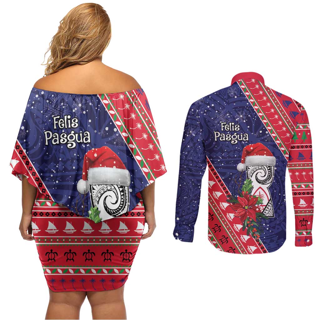 Guam Christmas Couples Matching Off Shoulder Short Dress and Long Sleeve Button Shirt Felis Nabidat Guaman Seal With Poinsettia LT05 - Polynesian Pride