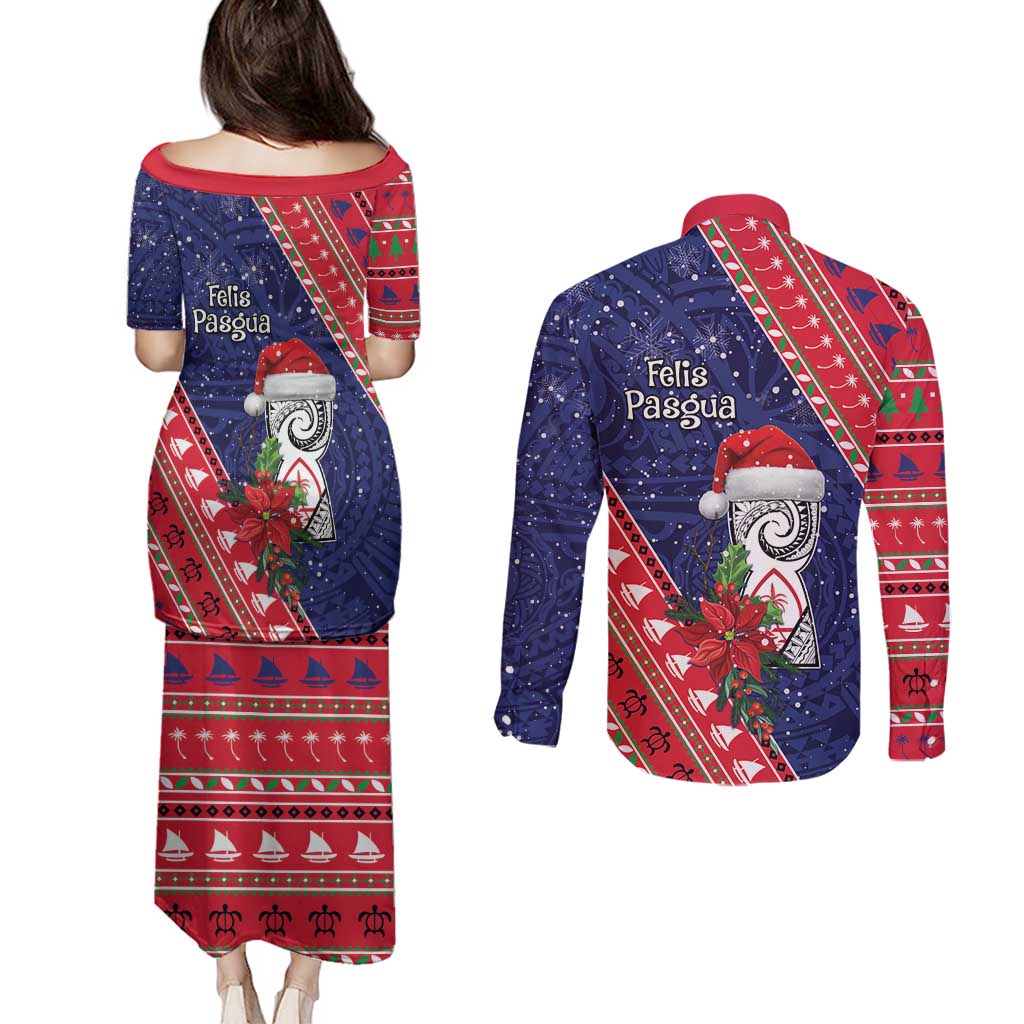 Guam Christmas Couples Matching Puletasi and Long Sleeve Button Shirt Felis Nabidat Guaman Seal With Poinsettia
