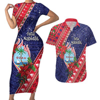 Guam Christmas Couples Matching Short Sleeve Bodycon Dress and Hawaiian Shirt Felis Nabidat Guaman Seal With Poinsettia LT05 Blue - Polynesian Pride
