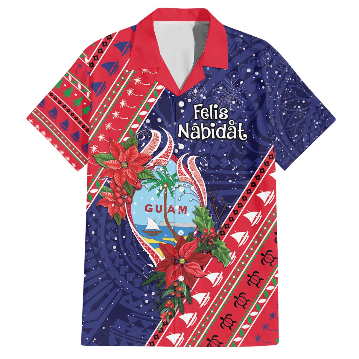 Guam Christmas Family Matching Off The Shoulder Long Sleeve Dress and Hawaiian Shirt Felis Nabidat Guaman Seal With Poinsettia LT05 Dad's Shirt - Short Sleeve Blue - Polynesian Pride