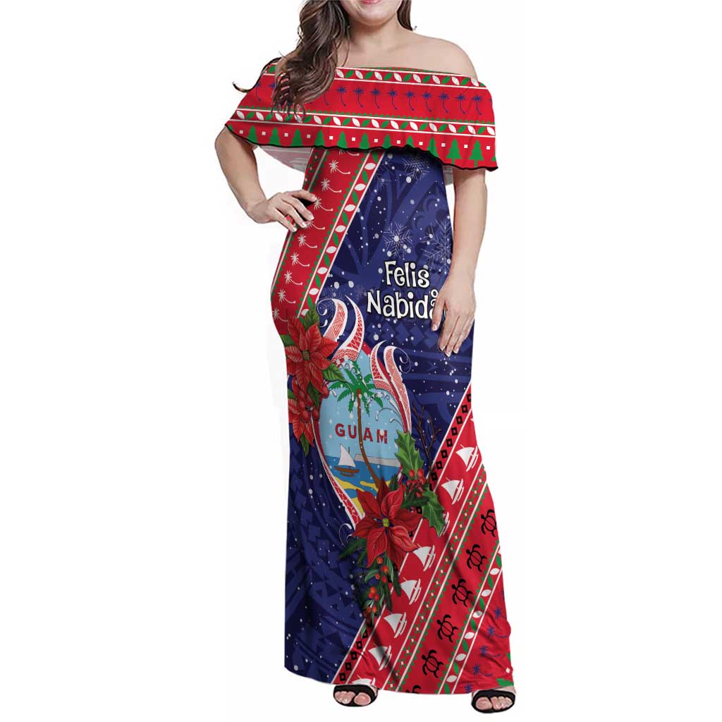 Guam Christmas Family Matching Off Shoulder Maxi Dress and Hawaiian Shirt Felis Nabidat Guaman Seal With Poinsettia LT05 Mom's Dress Blue - Polynesian Pride