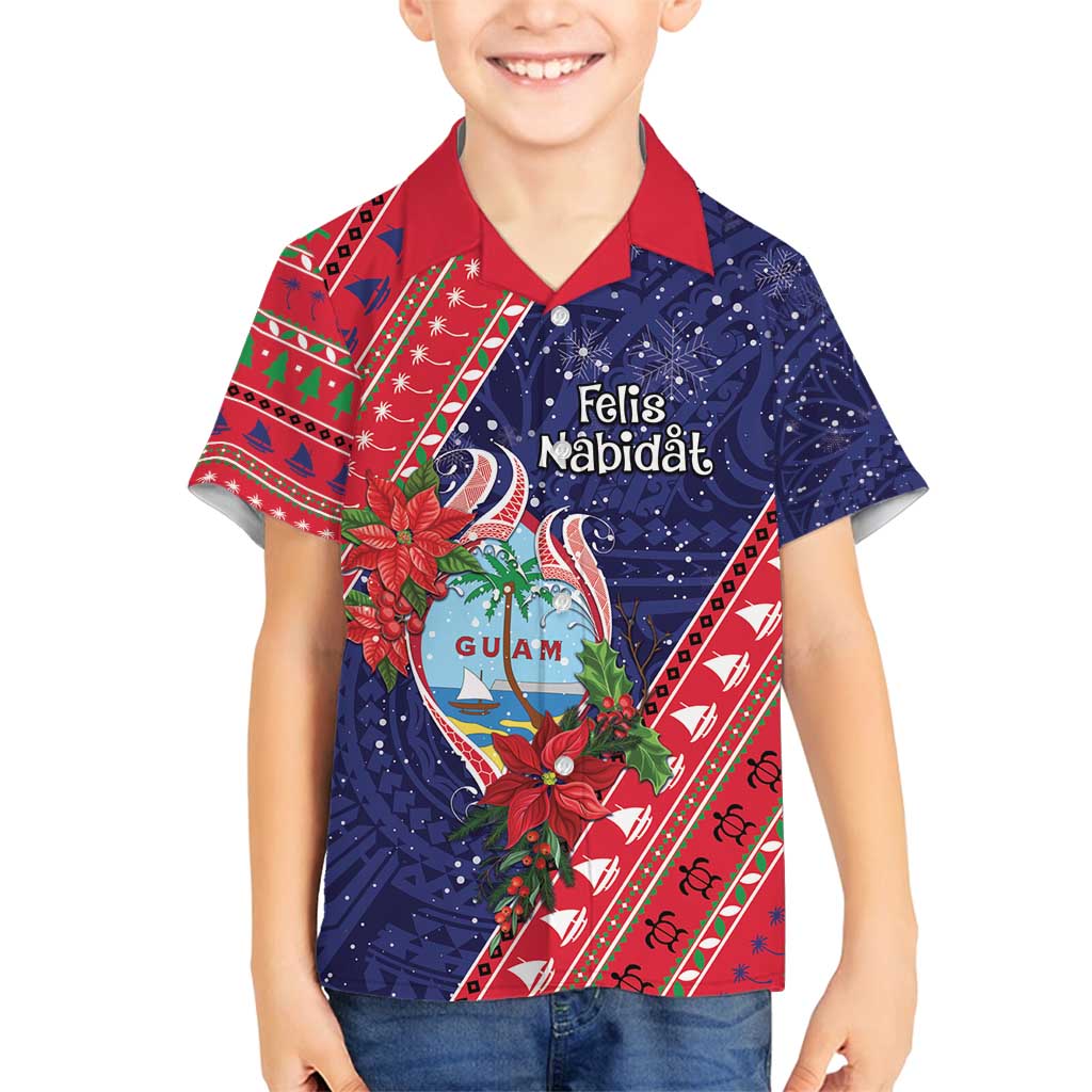 Guam Christmas Family Matching Off Shoulder Maxi Dress and Hawaiian Shirt Felis Nabidat Guaman Seal With Poinsettia LT05 Son's Shirt Blue - Polynesian Pride