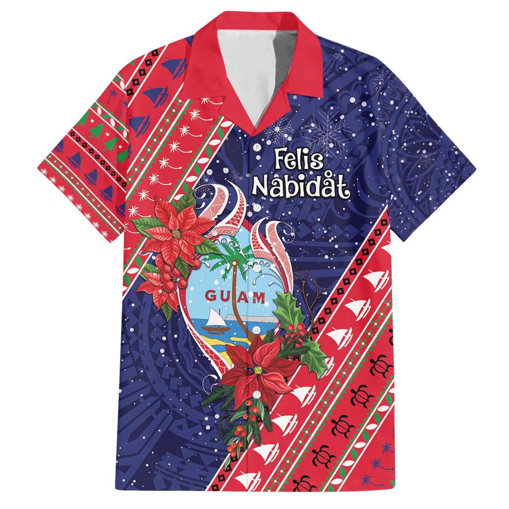 Guam Christmas Family Matching Off Shoulder Short Dress and Hawaiian Shirt Felis Nabidat Guaman Seal With Poinsettia LT05 Dad's Shirt - Short Sleeve Blue - Polynesian Pride