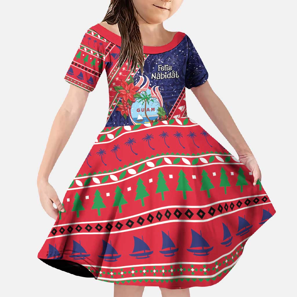 Guam Christmas Family Matching Tank Maxi Dress and Hawaiian Shirt Felis Nabidat Guaman Seal With Poinsettia LT05 Daughter's Dress Blue - Polynesian Pride