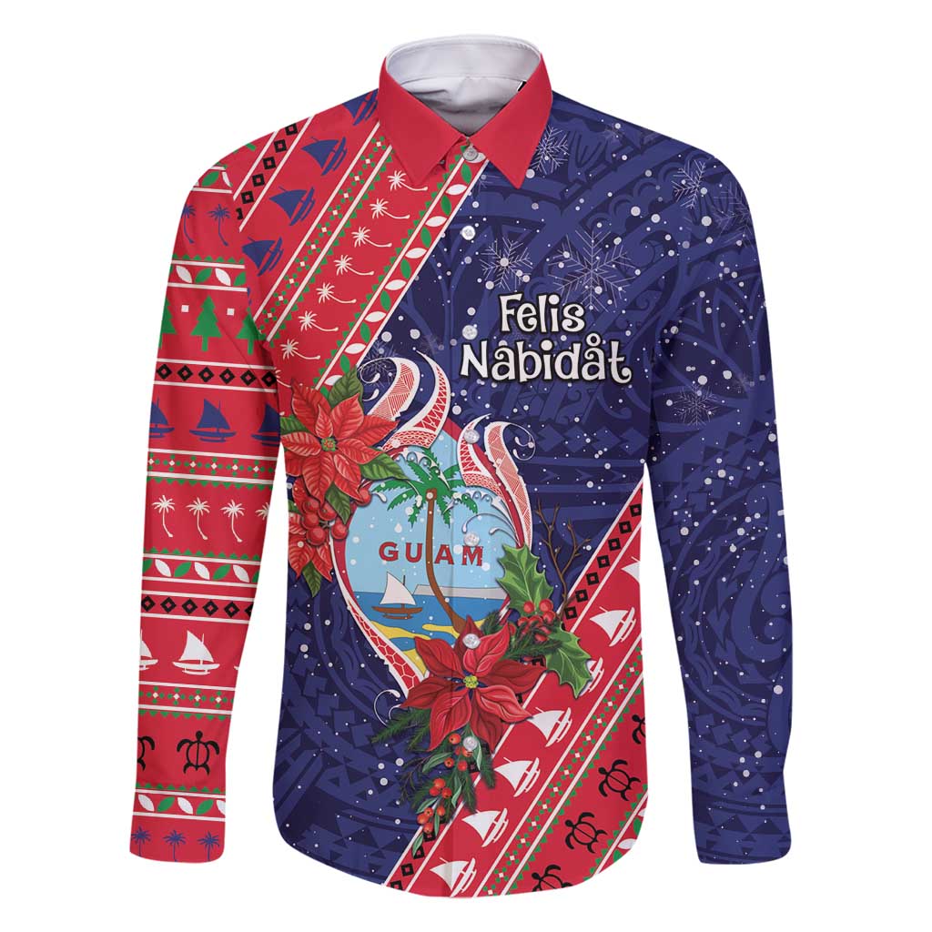 Guam Christmas Family Matching Tank Maxi Dress and Hawaiian Shirt Felis Nabidat Guaman Seal With Poinsettia LT05 Dad's Shirt - Long Sleeve Blue - Polynesian Pride