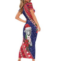 Guam Christmas Short Sleeve Bodycon Dress Felis Nabidat Guaman Seal With Poinsettia LT05 - Polynesian Pride