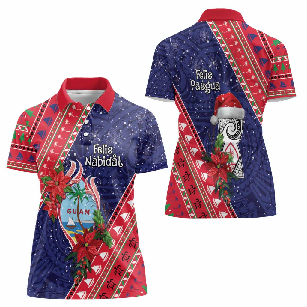 Guam Christmas Women Polo Shirt Felis Nabidat Guaman Seal With Poinsettia LT05 - Polynesian Pride