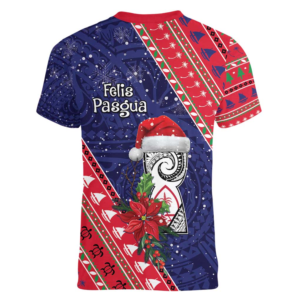 Guam Christmas Women V-Neck T-Shirt Felis Nabidat Guaman Seal With Poinsettia